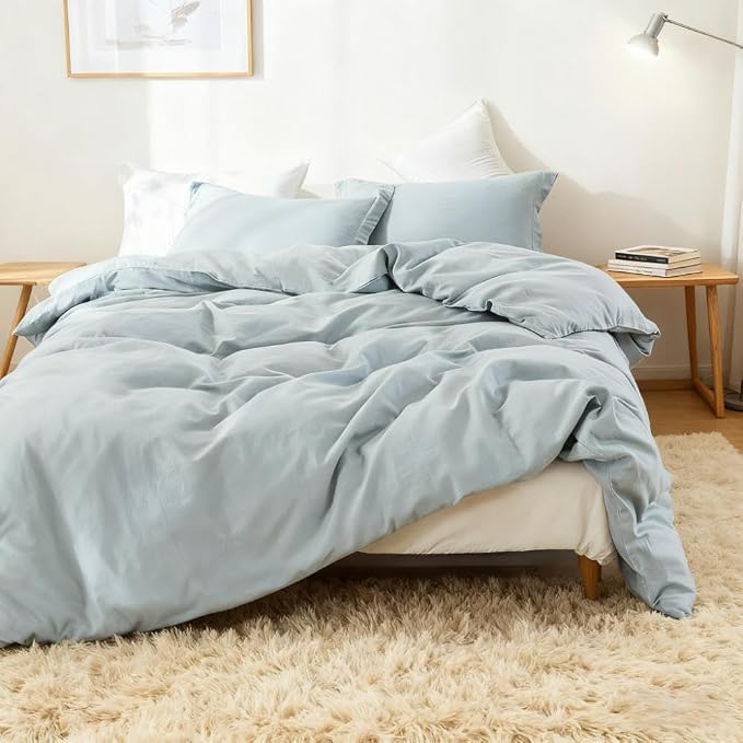 Simple&Opulence French Linen Duvet Cover Set 104"x 92"- 3 Pieces (1 Comforter Cover,2 Pillowcases)-Natural Flax Cotton Blend-Solid Color Breathable Farmhouse Bedding-Dusty Blue, King