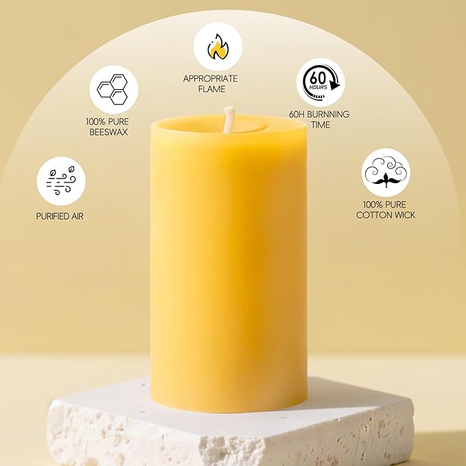 3x6 Inch Beeswax Pillar Candles, 3 Pack 309 Hour Large Bees Wax Candle for Home Emergency Candles, Beeswax Pillar Candle for Home Holidays Decor Spa Relaxation