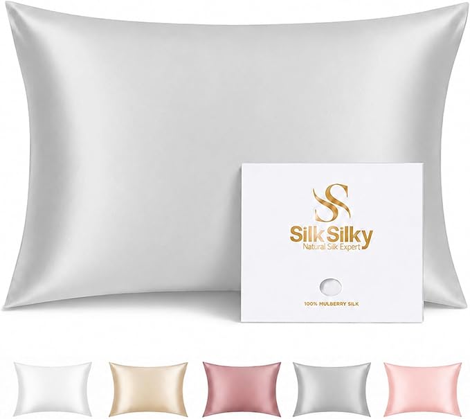 SilkSilky 100% Pure Organic Mulberry Silk Pillowcase for Hair & Skin, Both Sides Grade 6A Pillow Cases with Hidden Zipper, Breathable Cooling Silk for Beauty Sleep (Standard 20''x26'', Silver)