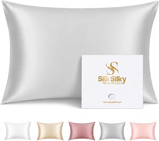 SilkSilky 100% Pure Organic Mulberry Silk Pillowcase for Hair & Skin, Both Sides Grade 6A Pillow Cases with Hidden Zipper, Breathable Cooling Silk for Beauty Sleep (Standard 20''x26'', Silver)