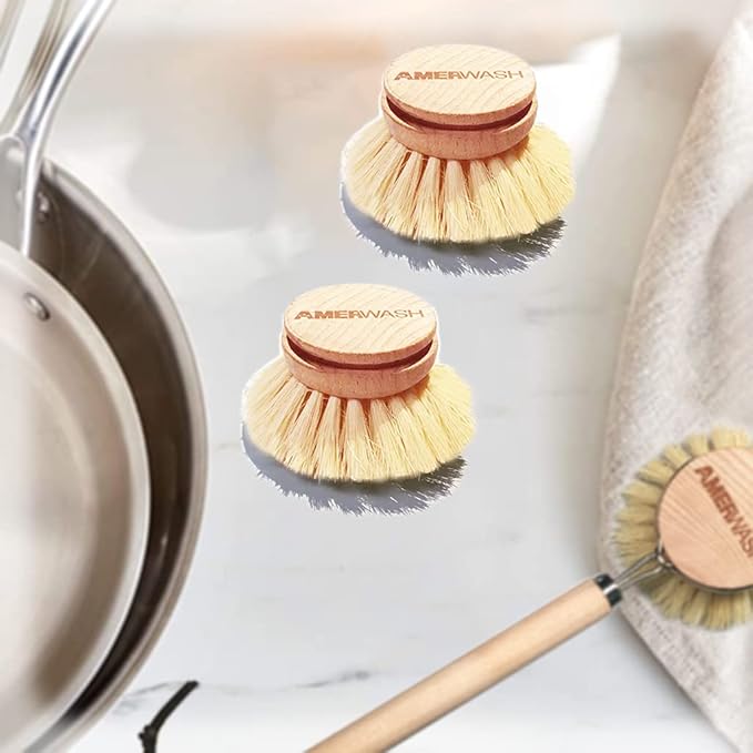 AMERWASH PLUS Classic Dish Brush Replacement Head 3 Packs, Natural Bristle Tampico Fiber for All Purpose Cleaning, Kitchen Scrubber