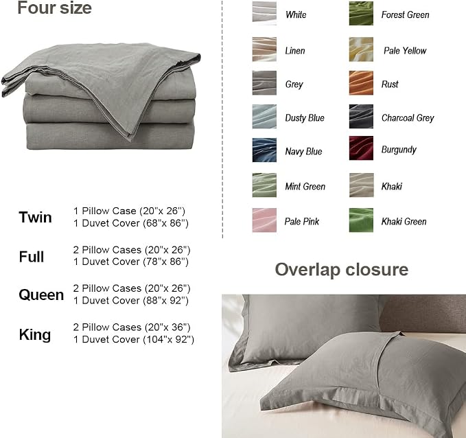 Simple&Opulence French Linen Duvet Cover Set 78" x 86"- 3 Pieces (1 Comforter Cover,2 Pillowcases)- Natural Flax Cotton Blend-Solid Color Breathable Farmhouse Bedding-Grey, Full