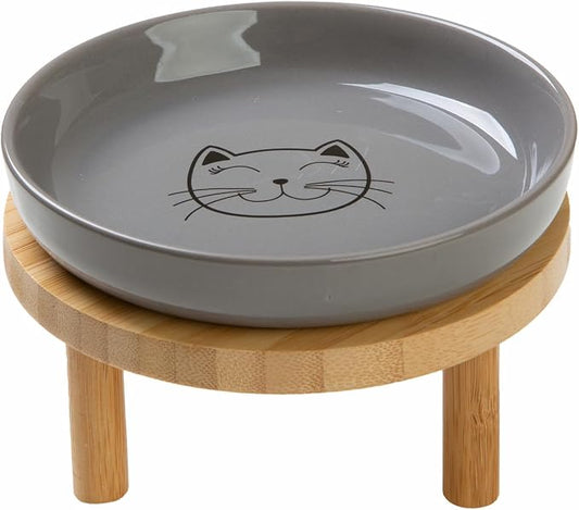 Lusifaco Shallow Elevated Cat Bowls,5.9 Inch Wide Raised Ceramic Cat Dishes with Bamboo Stand, Whisker Friendly Pet Water or Food Plates Feeding Station for Indoor Cats, Kitten(Grey,Set of 1)