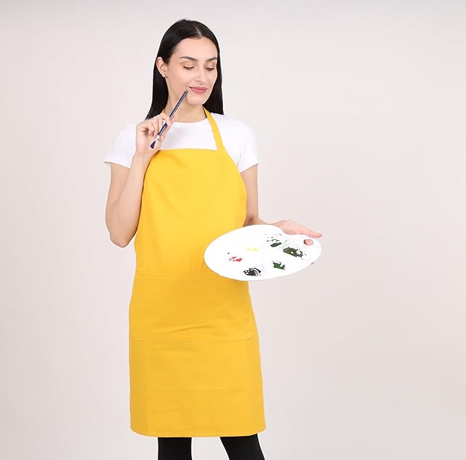 aprons for men women with pockets for cooking kitchen Cotton Apron Unisex Waterdrop Resistant with adjustable aprons 9 Color option 2 pack (GOLD/MUSTARED)