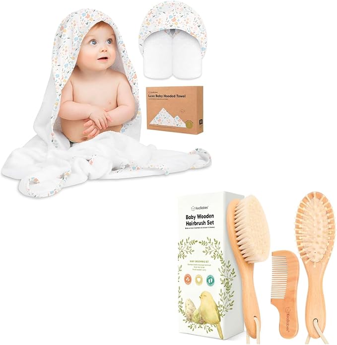 KeaBabies Baby Hooded Towel and Baby Hair Brush and Baby Comb Set - Baby Towel, Wooden Baby Brush with Soft Goat Bristle