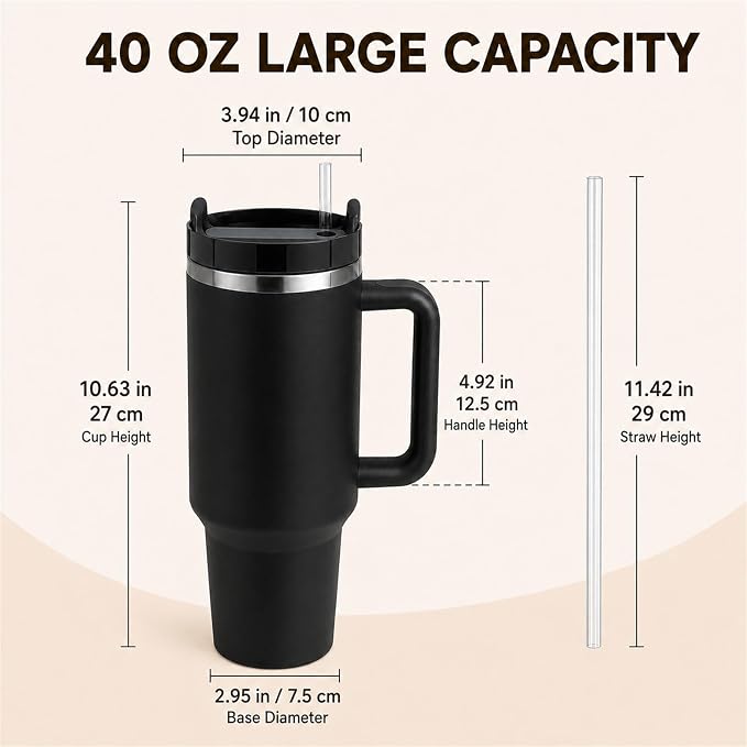 Pandance 40 oz Tumbler with Handle, Tumbler with Lid and Straw(Black) | Stainless Steel Vacuum Insulated Travel Mug, Sturdy Screw-on lid, Cup Holder Friendly, Large Capacity Cup For Iced Coffee