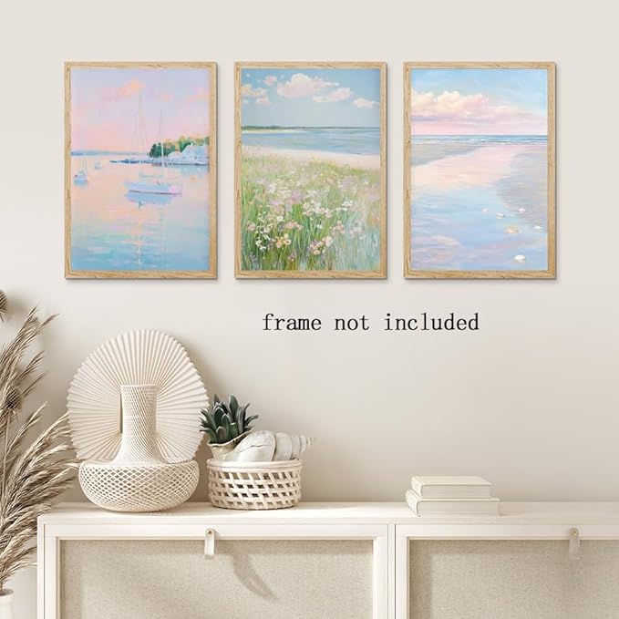 HUYKON Coastal Pink Wall Art Set of 3 Maximalist Ocean & Beach Landscape Canvas Poster Trendy Sailboats Flowers Sunset Painting Pastel Picture Prints for Bedroom Home Decor 12x18inch Unframed