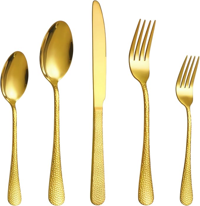 20 Pcs Gold Silverware Set for 4, Food Grade Stainless Steel Flatware Set, Eating Utensils Sets Include Fork/Knife/Spoon, Reusable Cutlery Set for Home Kitchen, Dishwasher Safe, Wave Hammered