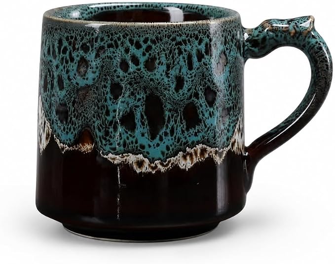 12oz Boho Style Leopard Pattern Reactive Glaze Ceramic Pottery Coffee Mug, Lead-Free Glaze Ceramic Tea Mug,Tea cup with handle, stoneware mugs, Microwave and Dishwasher Safe (blue) (Blue)