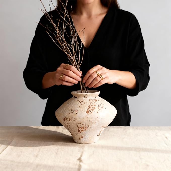 Wabi Sabi Vase 6.7in, Whitewashed Ceramic Vase, Wabi Sabi Decor Vintage Vases for Centerpiece, Round Low Pottery Vase Rustic Farmhouse Decor for Coffee Table Shelf Entryway