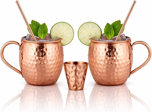 BOLD & DIVINE Moscow Mule Copper Mugs - Set of 2, 100% HANDCRAFTED - Food Safe Pure Copper Solid Mugs - 16 oz Gift Set with Premium Quality Cocktail Straws & Shot Glass!