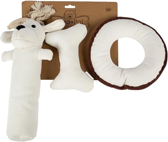 Durable Tough Cotton Canvas Squeaky Dog Toys, Eco-Friendly Interactive 3-Pack Chew Toy Set for Small, Medium & Large Dogs, Harry the Hound, T-Bone & Donut Disk