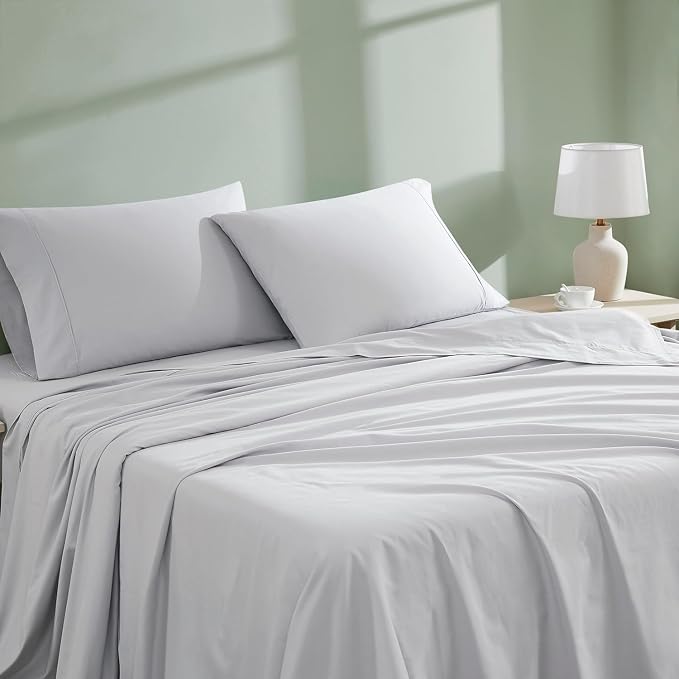 Linen Closet 100% Organic Cotton Full Size Sheets Set - 4 Pcs Percale Weave Cooling Bed Sheets for Hot Sleepers - 16" Deep Pocket Fitted Sheet - Crisp, Breathable & Brushed for Softness - Light Gray
