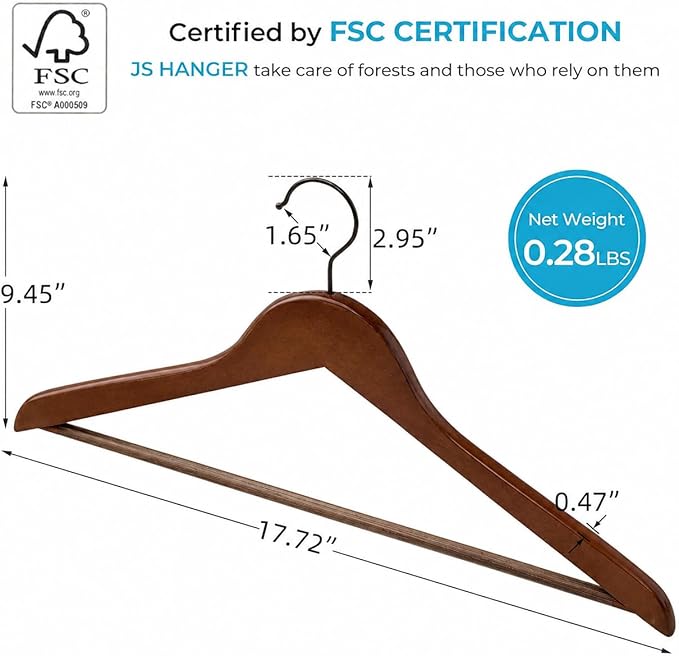JS HANGER Wooden Coat Hangers, 30 Pack High Grade Wood Suit Hangers with Non Slip Pant Bar - Extra Smooth and Splinter Free, Retro Finish