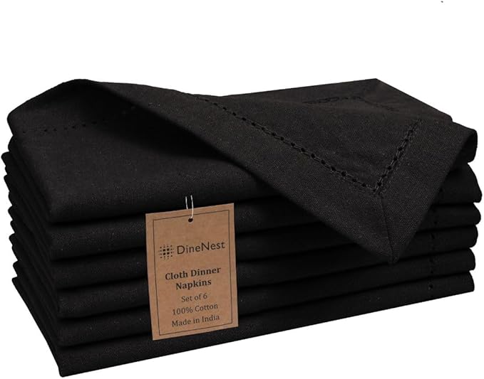 Hemstitch Cloth Dinner Napkins 100% Cotton Set of 6 - for Dining Special Occasions Weddings Parties Holidays Easter - Soft Durable Reusable - 18x18 Inch Table Cloth Napkins Black