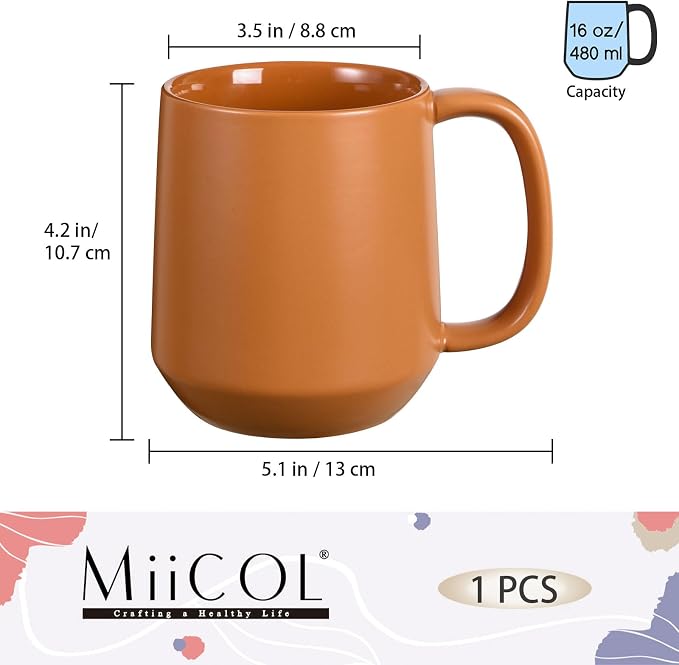Miicol Ceramic Coffee Mug, 16 oz Large Coffee Cup, Tea Mug with Handle, Flat Bottom Mug for Men, Women, Office, Microwave and Dishwasher Safe, Multi-Color, Burnt Orange
