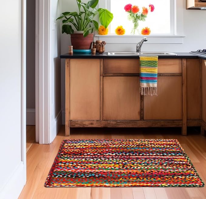 COTTON CRAFT Cotton Chindi Braid Rag Rug - 2-Pack Handwoven Reversible Accent Area Rugs - Boho Farmhouse Rustic Décor - Recycled Cotton - 2 x 3 ft - Multicolor