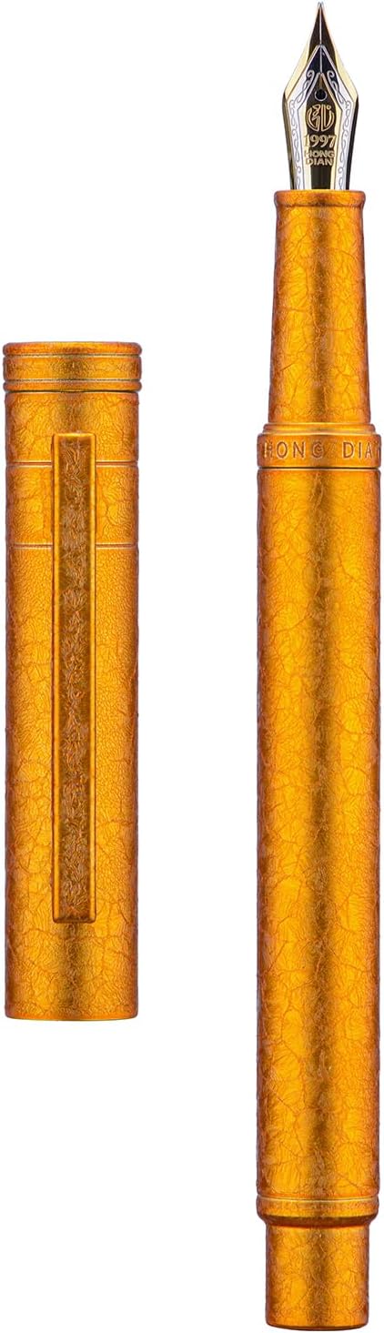 Hongdian 1851 Forest Fountain Pen Golden Ice Flowers, Bent Nib Classic Design with Converter and Metal Pen Case
