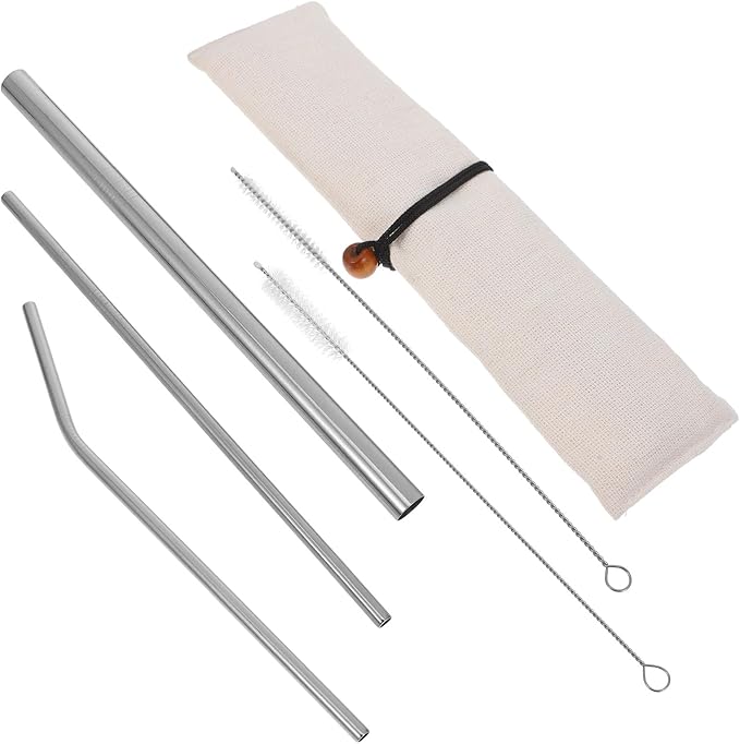 INOOMP Stainless Steel Reusable Smoothie Straws Set with Bent and Straight Metal Straws Gold-plated Thickened Silver Color Includes Cleaning Brush and Storage Pouch Eco-friendly