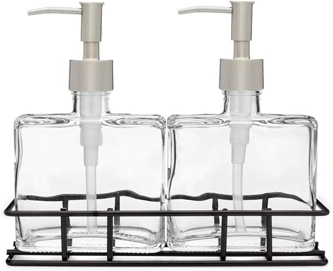 Rail19 Urban Glass Hand and Soap Dispenser Set - Includes Metal Stand Caddy, 8.5oz (Stainless Rustic)
