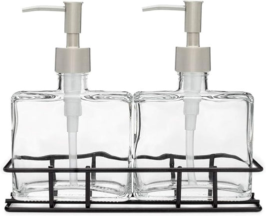 Rail19 Urban Glass Hand and Soap Dispenser Set - Includes Metal Stand Caddy, 8.5oz (Stainless Rustic)
