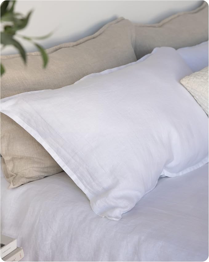 XZ XIFA Linen Pillowcases Queen - Pack of 2-100% Natural Washed French Flax, Breathable, Durable, Textured Envelope Pillowcases - White, 20'' x 30''