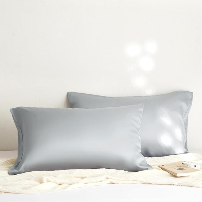 100% Tencel Pillowcase, Hair and Skin Friendly, Soft and Smooth，Cooling Silk Pillowcases for hot Sleepers,Queen Pillowcases Set of 2,Hair and Skin Friendly,Grey, 20x30In
