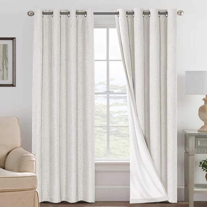 H.VERSAILTEX 100% Blackout Curtains Ivory, Linen Blackout Curtains 96 inch Curtains 2 Panel Set, Elegant Curtain for Bedroom Grommet Drapes for Living Room
