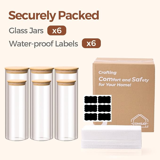 ComSaf Pasta Containers Storage 2 Qt/1.1Qt, 6 Pack Tall Glass Spaghetti Jar | Tall Glass Jar, BPA Free, Glass Storage Containers wtih Lids, Noodles, Cereal, Oats, Dry Food Storage, Pantry Pasta Holder