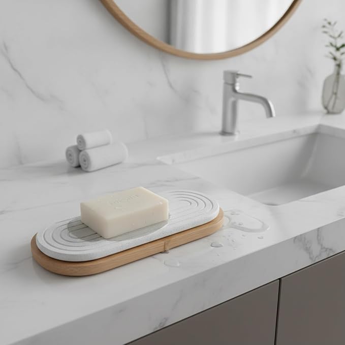 Diatomite Soap Dish with Wooden Stand, Absorbent Stone Tray for Bar Soap, Bathroom Sink Counter Organizer (1 PC)