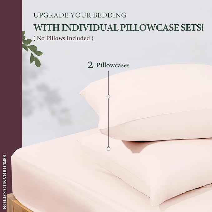 100% Organic Cotton Pillow Cases King Size Set of 2 - Organic Cotton Percale Weave Pillowcases King Size (Blush), Soft, Cooling, Crisp & Breathable Percale Pillow Covers