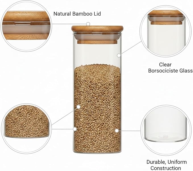 Borosilicate Glass Storage Jar with Bamboo Lid, Airtight Dry Food Canister for Kitchen Pantry & Countertop Organization