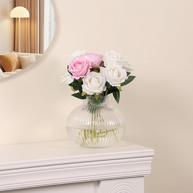 Round Glass Vase, Flower Vases for Bouquet, Ribbed Glass Vases for Flowers, Small Clear Vase for Living Room, Office, Coffee Table, Shelf, Wedding, 6 Inches