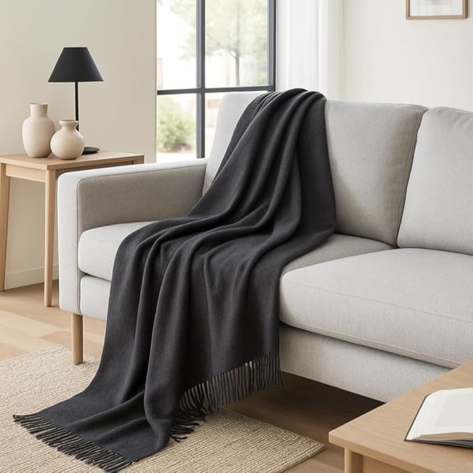 Lincove Pure Cashmere-Merino Wool Blanket - Warm & Soft Throw Blanket - 74"x55" Comfortable and Cozy Throw Blankets for Couch, Sofa, or Chair - Lightweight and Classic Throws - Graphite