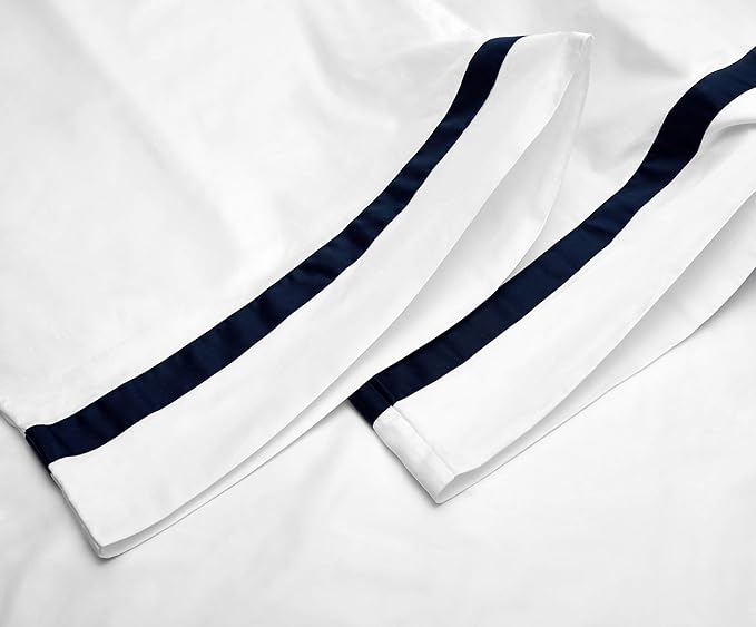 BIOWEAVES 100% Organic Cotton Banded Pillow Cases Soft Sateen Weave GOTS Certified – Standard/Queen Size, Set of 2, White & Navy