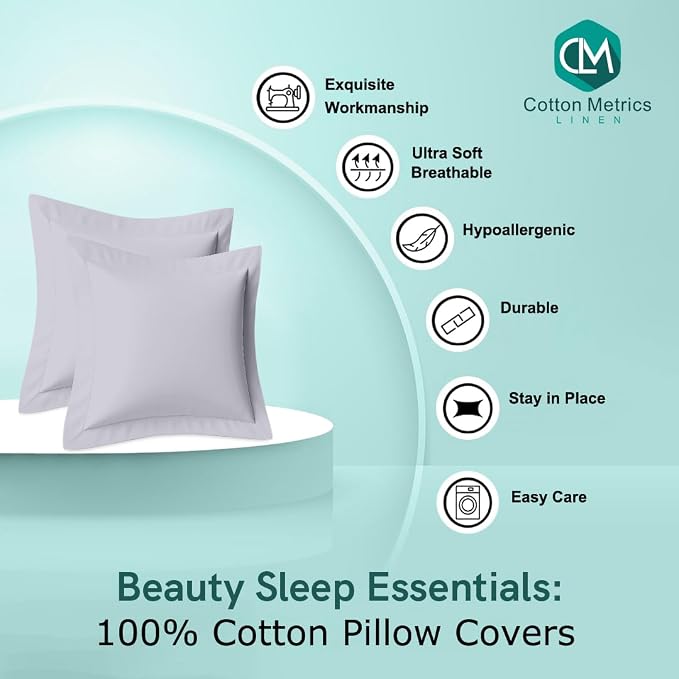 2 Pack Euro Pillow Shams 28x28 – 600 Thread Count 100% Organic Cotton Silver Square Pillow Covers with 2 Inch Flange, Soft & Smooth Premium Hotel-Quality Pillowcases Set of 2