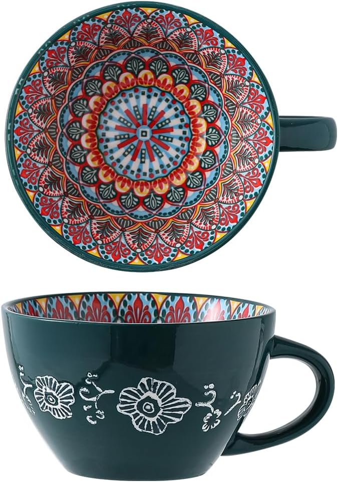 Bohemian Hand-Painted Ceramic Mug, 15 Oz Large Coffee Cup for Milk, Tea, and Breakfast, Dishwasher & Microwave Safe Artisan Cup, GM