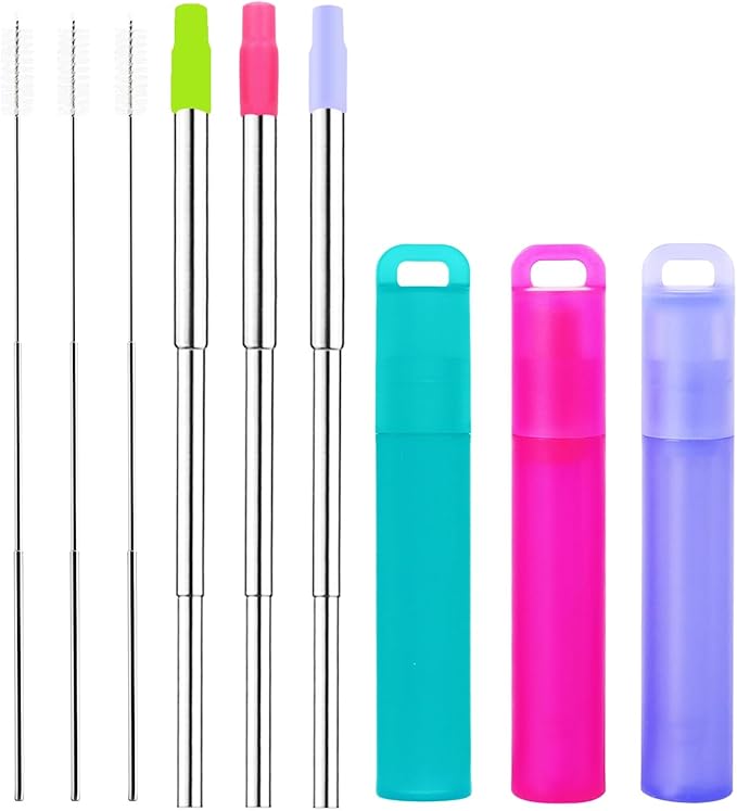 NAIVELY-Metal Reusable Straws, 3 Pack Collapsible Portable Stainless Steel Straws, with Plastic Housing Silicone Tips and Cleaning Brush, Retractable Portable Pocket Drinking Straws