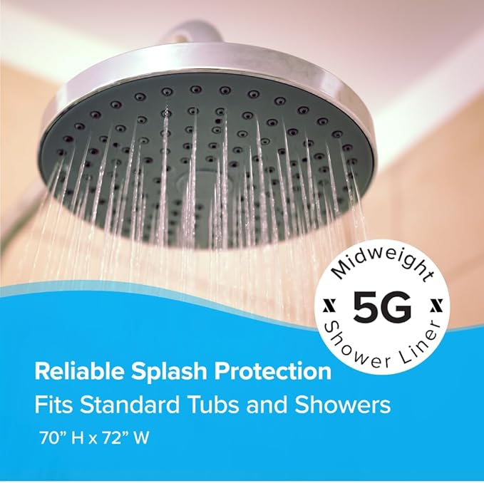 SlipX Solutions Protected Shower Curtain Liner, 5G Thicker Liner, 70"x72", Clear