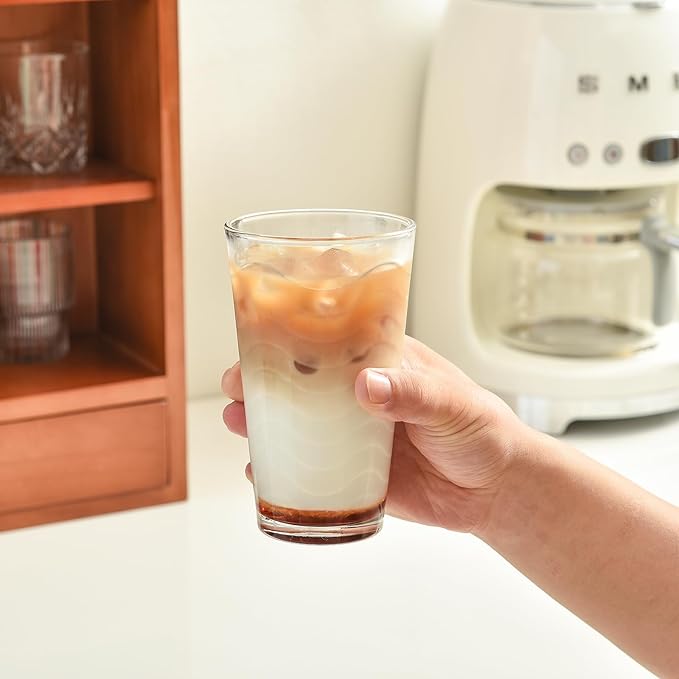 ALINK 16 oz Vintage Drinking Glasses, Set of 6 Wave Line Highball Glass Cups Bar Glasses, Clear Heavy Base Stemmed Water Glasses for Beer, Iced Coffee, Cocktail, Wine, Iced Tea, Dishwasher Safe