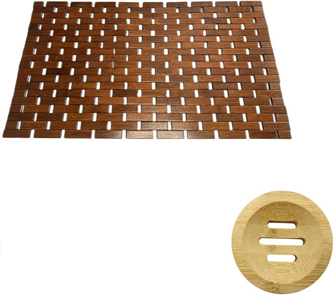 Bamboo Bath Mat Brown 24 x 16 Inches and Soap Dish Set Bathroom Rugs Non Slip Washable Bamboo Shower Mat Bathtub Mat Non Slip for Kitchen Sauna Spa Hot Tub Outdoor Bathroom Décor