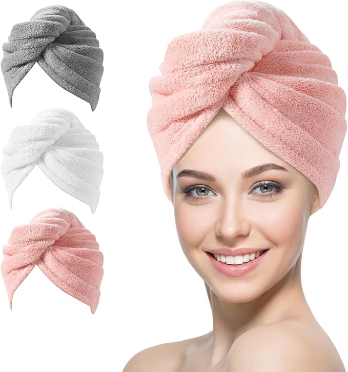 YFONG 3 Pack Microfiber Hair Towel Wrap for Women Girls, Super Absorbent Turban Towels for Drying Wet Hair, Anti Frizz Head Towels for Curly All Hair Style, Turbie Twist (Pink,White, Gray)