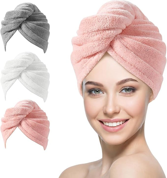 YFONG 3 Pack Microfiber Hair Towel Wrap for Women Girls, Super Absorbent Turban Towels for Drying Wet Hair, Anti Frizz Head Towels for Curly All Hair Style, Turbie Twist (Pink,White, Gray)