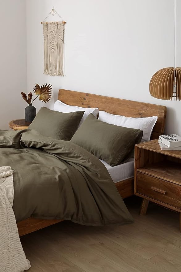 XZ XIFA Olive Green Linen Duvet Cover Oversized King, 100% Washed French Flax Linen Bedding Set with Zipper Closure, Cooling & Textured Bed Sets for Hot Sleepers(1 Duvet Cover, 2 Pillowcases)