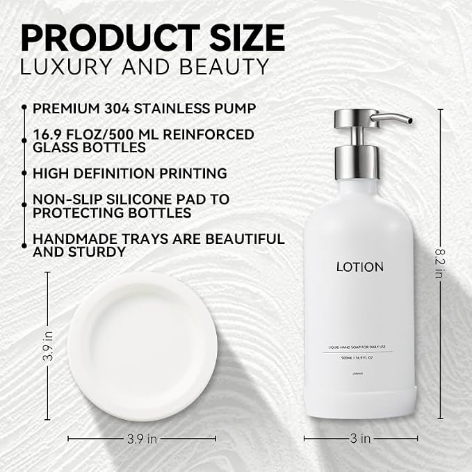 Glass Soap Dispenser Bathroom Set by Janxin, Foaming Kitchen soap Dispenser with Ceramic Tray for Dish Soap, Liquid Soap Dispenser for Hand Soap, Lotion, Body Wash (White+Silver)