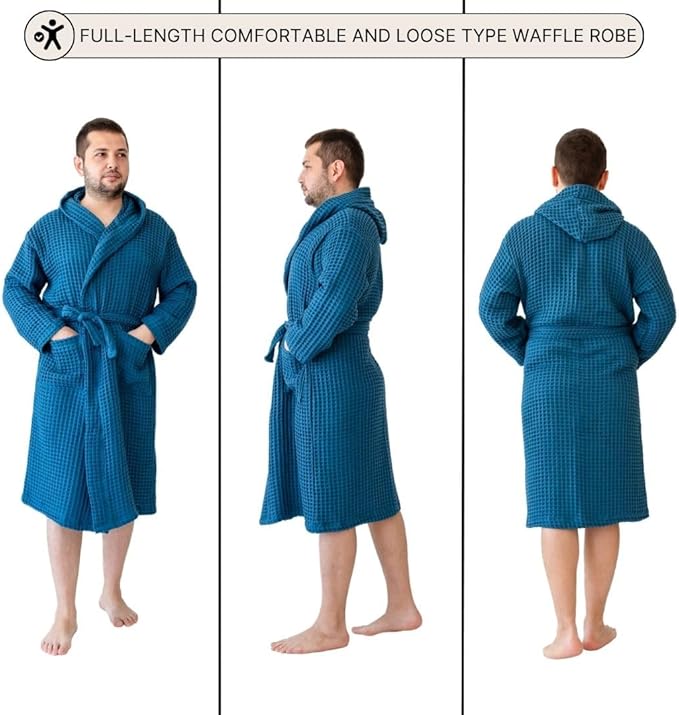 100% Turkish Cotton Men's Waffle Robe with Hooded, Premium Soft Cozy Housecoat or Quick-Dry Bathrobe for Mens