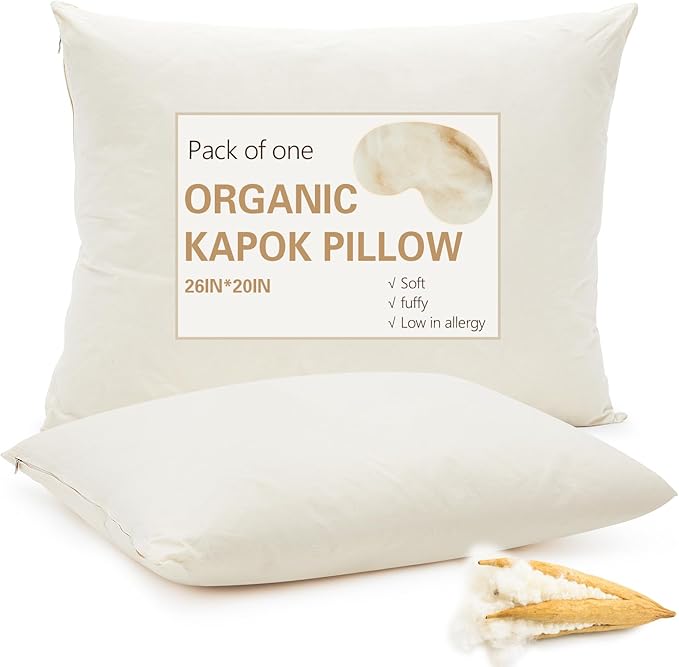Leinuosen 1 Pack Organic Kapok Pillow 26" x 20" Natural Kapok Fiber Filled Sleeping Pillows with Breathable Cotton Shell, Adjustable Height Soft and Supportive for Comfort Sleeping(Classic)
