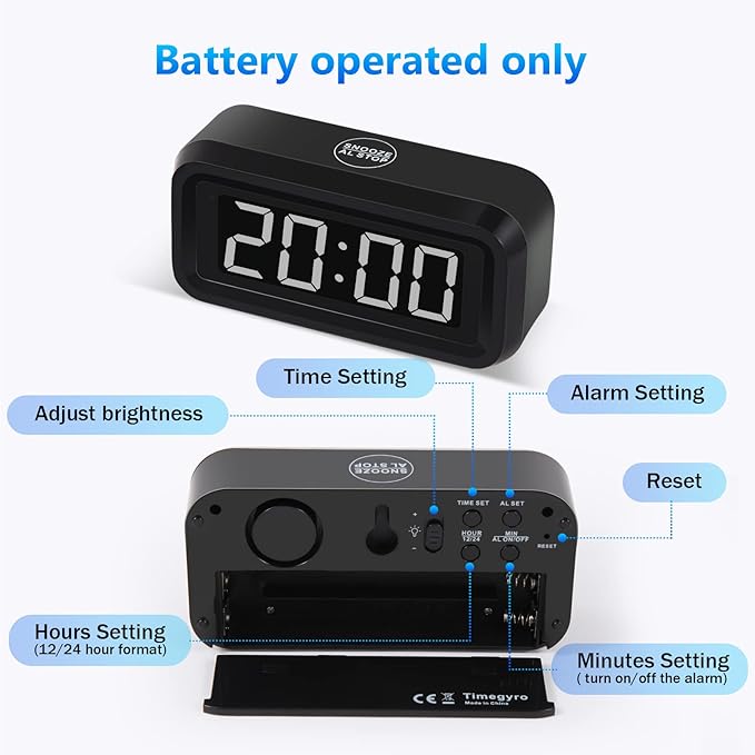 Digital Alarm Clock Battery Operated with LED Display for Bedrooms, Long Battery Life for 12 Months, 3 Brightness Adjustable, 12/24 Hour, Snooze, Black Case with White Digits