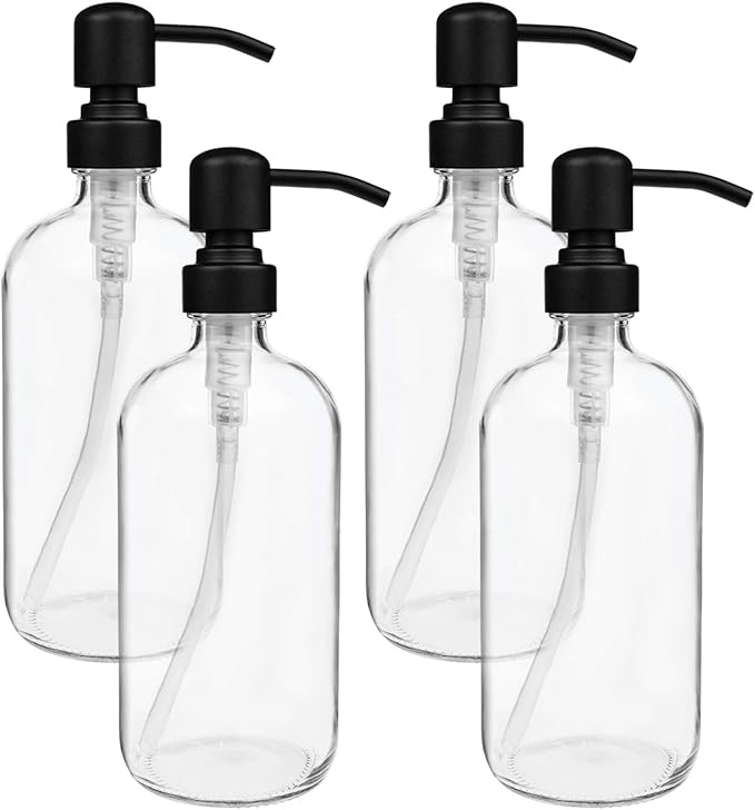 4 Pack Glass Soap Dispenser with Matte Black Stainless Steel Pump, 16 Oz Clear Boston Round Bottles Bathroom Kitchen Soap Dispenser for Essential Oil, Dish Soap, Hand Soap, Lotion Soap