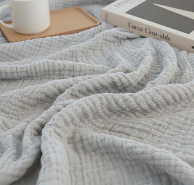 KyraHome Pre-Washed 100% Organic Cotton Blanket 90"x90" Queen Muslin Blankets for Adults, Bed, Plant Dyed, Lightweight Breathable Gauze Summer Bedspread, Coverlet, All Season, Light Grey